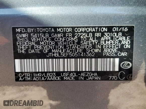 2016 Lexus LS 460 with VIN JTHBL5EF5G5141362, listed as a Copart auction lot 47226875 with 59,165 mi miles and Salvage title. Bid and sale history available at DreamBid. Image 12.