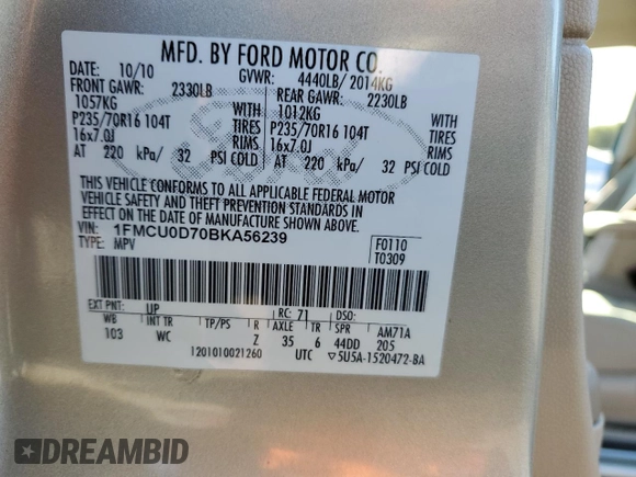 2011 Ford Escape XLT with VIN 1FMCU0D70BKA56239, listed as a Copart auction lot 69469464 with 59,782 mi miles and Salvage Title. Bid and sale history available at carsss.com. Image 12.