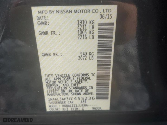 2015 Nissan Altima 2.5 SV with VIN 1N4AL3AP3FC455236, listed as a Copart auction lot 52877615 with 73,776 mi miles and Salvage Title. Bid and sale history available at carsss.com. Image 12.