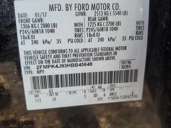 2017 Ford Edge SEL with VIN 2FMPK4J93HBB45648, listed as a Copart auction lot 49222535 with 123,270 mi miles and Salvage Title. Bid and sale history available at carsss.com. Image 15.