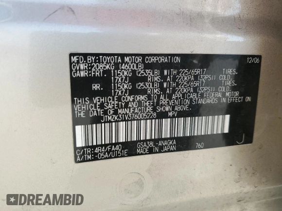 2007 Toyota RAV4 Limited with VIN JTMZK31V376005228, listed as a Copart auction lot 43290165 with 176,215 mi miles and Salvage Title. Bid and sale history available at carsss.com. Image 15.