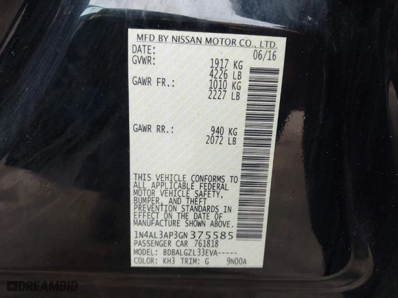 2016 Nissan Altima 2.5 SR with VIN 1N4AL3AP3GN375585, listed as a IAAI auction lot 41679424 with 104,261 mi miles. Bid and sale history available at carsss.com. Image 9.