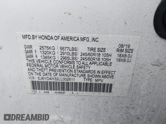 2020 Acura MDX with VIN 5J8YD4H32LL002611, listed as a IAAI auction lot 41822782 with 180,159 mi miles and . Bid and sale history available at DreamBid. Image 9.