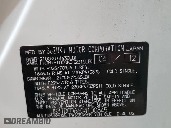 2012 Suzuki Grand Vitara Premium z VIN JS3TD0D66C4100845, wystawiony jako Copart lot #53454565 z przebiegiem 106 415 mil mil oraz Szkoda całkowita • Salvage title. Historia ofert i sprzedaży dostępna na DreamBid. Obrazek 13.