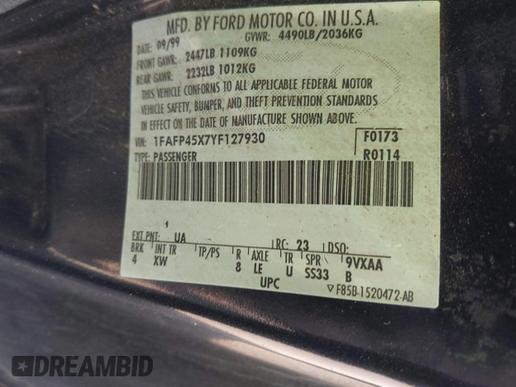 2000 Ford Mustang GT с VIN 1FAFP45X7YF127930, выставлен на аукционе IAAI как лот 41691579 с пробегом 160 428 миль миль и . История ставок и продаж доступна на DreamBid. Изображение 9.
