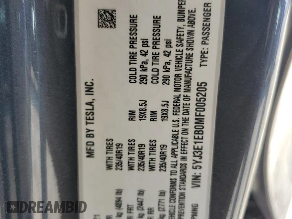 2021 Tesla Model 3 Long Range z VIN 5YJ3E1EB0MF005205, wystawiony jako Copart lot #63552954 z przebiegiem 24 691 mil mil oraz Szkoda całkowita • Salvage title. Historia ofert i sprzedaży dostępna na DreamBid. Obrazek 15.