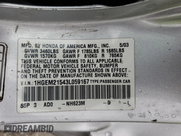 2003 Honda Civic LX with VIN 1HGEM21543L059167, listed as a Copart auction lot 65871424 with 176,835 mi miles and Salvage Title. Bid and sale history available at DreamBid. Image 13.
