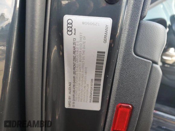 2018 Audi A4 Premium with VIN WAUDNAF43JA161339, listed as a Copart auction lot 45996685 with 92,313 mi miles and Salvage Title. Bid and sale history available at carsss.com. Image 14.