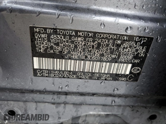 2013 Lexus GS 350 with VIN JTHBE1BL3D5017809, listed as a Copart auction lot 47097245 with 165,108 mi miles and Salvage Title. Bid and sale history available at DreamBid. Image 12.