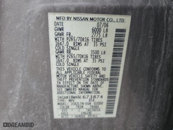 2006 Nissan Pathfinder SE with VIN 5N1AR18WX6C673874, listed as a Copart auction lot 52545235 with 185,716 mi miles and Salvage Title. Bid and sale history available at carsss.com. Image 13.