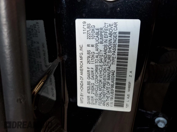 2020 Acura TLX w/A-Spec Pkg with VIN 19UUB3F66LA002442, listed as a Copart auction lot 57103055 with 92,005 mi miles and Salvage title. Bid and sale history available at DreamBid. Image 13.