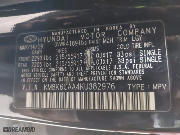 2019 Hyundai Kona SEL with VIN KM8K6CAA4KU382976, listed as a IAAI auction lot 41820749 with 61,619 mi miles. Bid and sale history available at carsss.com. Image 9.