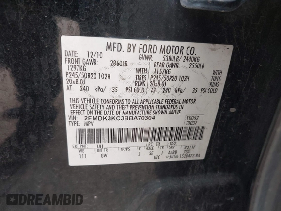 2011 Ford Edge Limited with VIN 2FMDK3KC3BBA70304, listed as a IAAI auction lot 41799775 with 240,728 mi miles. Bid and sale history available at carsss.com. Image 9.