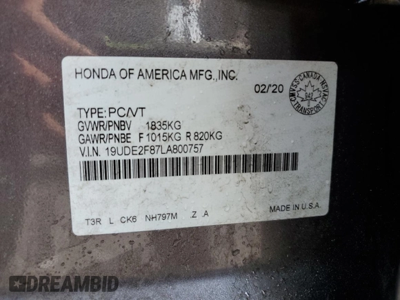 2020 Acura ILX Premium with VIN 19UDE2F87LA800757, listed as a Copart auction lot 57841185 with 37,171 mi miles and Salvage title. Bid and sale history available at DreamBid. Image 12.