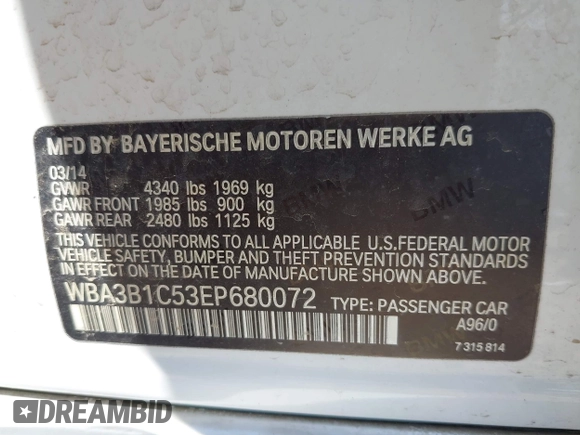 2014 BMW 3 Series 320i with VIN WBA3B1C53EP680072, listed as a IAAI auction lot 41996500 with 192,948 mi miles. Bid and sale history available at carsss.com. Image 9.