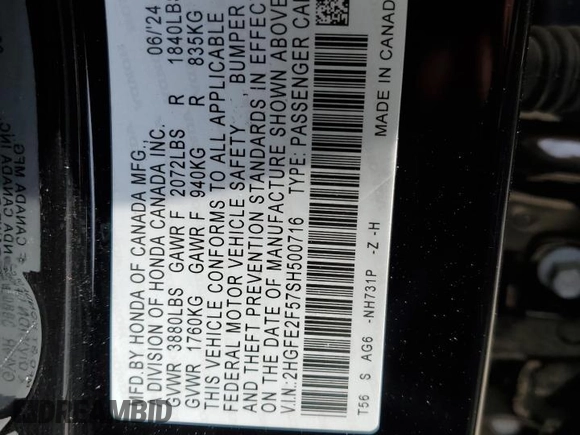 2025 Honda Civic Sport with VIN 2HGFE2F57SH500716, listed as a Copart auction lot 61352595 with 4,989 mi miles and Salvage title. Bid and sale history available at DreamBid. Image 12.