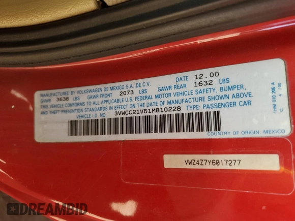 2001 Volkswagen Cabrio GLS with VIN 3VWCC21V51M810228, listed as a Copart auction lot 49821975 with Not Provided miles and Salvage Title. Bid and sale history available at DreamBid. Image 14.