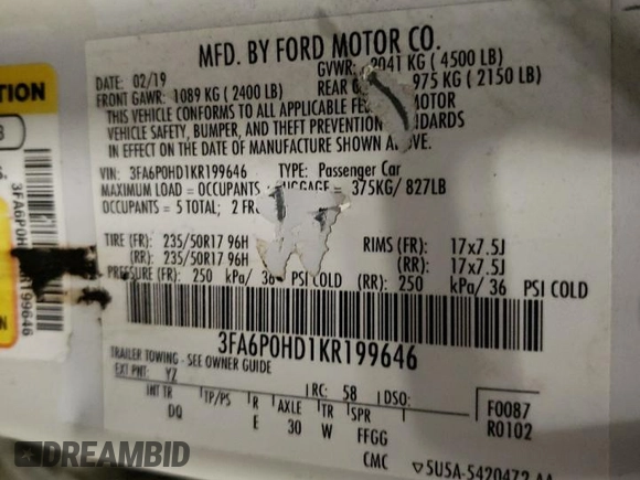 2019 Ford Fusion SE with VIN 3FA6P0HD1KR199646, listed as a Copart auction lot 51060015 with 63,305 mi miles and Salvage Title. Bid and sale history available at carsss.com. Image 14.