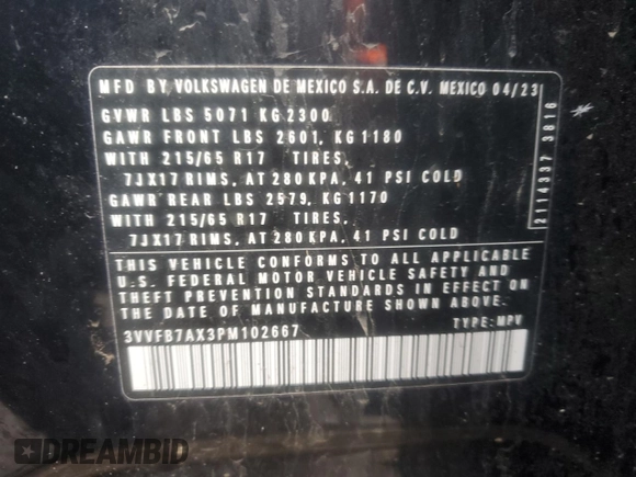 2023 Volkswagen Tiguan S with VIN 3VVFB7AX3PM102667, listed as a Copart auction lot 85290424 with 15,436 mi miles and Salvage title. Bid and sale history available at DreamBid. Image 13.