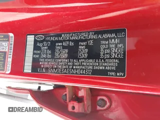 2022 Hyundai Tucson Limited with VIN 5NMJE3AE5NH044312, listed as a IAAI auction lot 42274784 with 80,582 mi miles and . Bid and sale history available at DreamBid. Image 9.