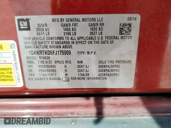 2015 GMC Acadia Denali with VIN 1GKKRTKD6FJ175909, listed as a Copart auction lot 52730395 with 213,061 mi miles and Salvage Title. Bid and sale history available at carsss.com. Image 16.