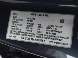 2024 Tesla Model 3 z VIN 5YJ3E1EA9RF858829, wystawiony jako IAAI lot #41160315 z przebiegiem 2 994 mil mil oraz . Historia ofert i sprzedaży dostępna na DreamBid. Obrazek 9.