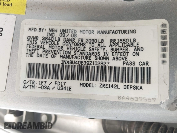 2009 Toyota Corolla with VIN 1NXBU40E39Z102927, listed as a IAAI auction lot 41864609 with 82,840 mi miles. Bid and sale history available at carsss.com. Image 9.
