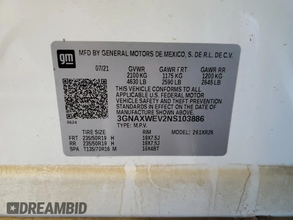 2022 Chevrolet Equinox RS with VIN 3GNAXWEV2NS103886, listed as a Copart auction lot 60428185 with Not provided miles and Salvage title. Bid and sale history available at DreamBid. Image 13.