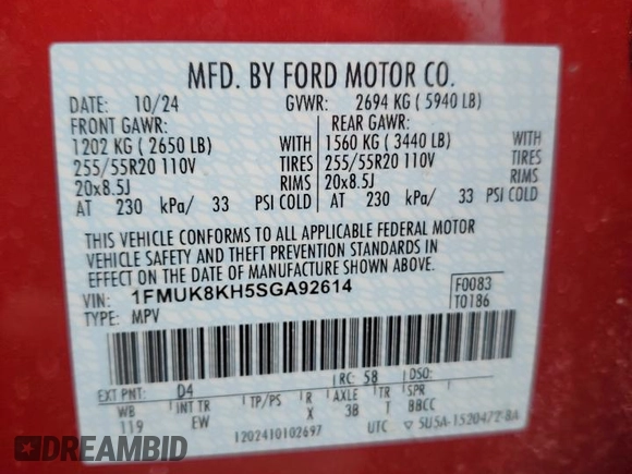 2025 Ford Explorer ST-Line with VIN 1FMUK8KH5SGA92614, listed as a Copart auction lot 47117375 with 3,173 mi miles and Salvage Title. Bid and sale history available at carsss.com. Image 14.