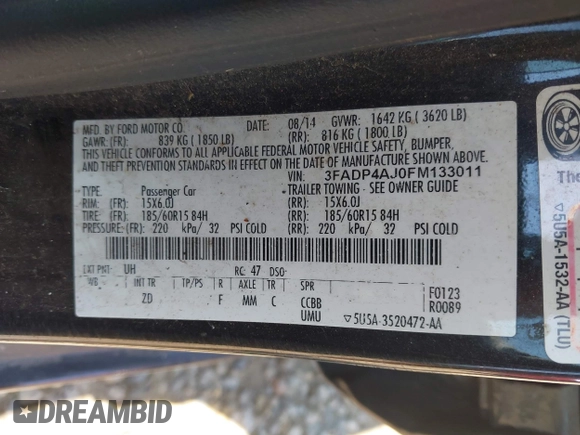 2015 Ford Fiesta S with VIN 3FADP4AJ0FM133011, listed as a IAAI auction lot 42462148 with 85,517 mi miles and . Bid and sale history available at DreamBid. Image 9.