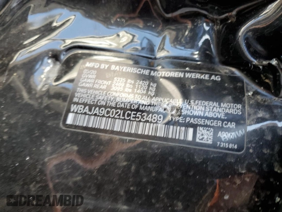 2020 BMW 5 Series 530e with VIN WBAJA9C02LCE53489, listed as a Copart auction lot 56739195 with Not provided miles and Salvage title. Bid and sale history available at DreamBid. Image 12.