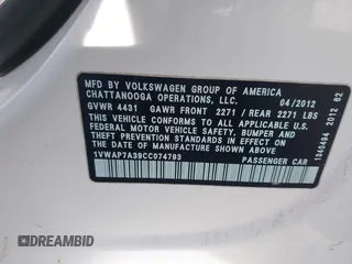 2012 Volkswagen Passat S with VIN 1VWAP7A39CC074793, listed as a IAAI auction lot 41626730 with 108,659 mi miles and . Bid and sale history available at DreamBid. Image 9.
