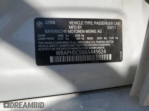 2011 BMW 3 Series 328i с VIN WBAPH5C56BA445624, выставлен на аукционе Copart как лот 54777105 с пробегом Не указан миль и Списание • Salvage title. История ставок и продаж доступна на DreamBid. Изображение 13.