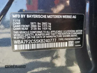 2019 BMW 7 Series 750i xDrive with VIN WBA7F2C55KB240777, listed as a Copart auction lot 76840504 with 38,250 mi miles and Salvage title. Bid and sale history available at DreamBid. Image 12.