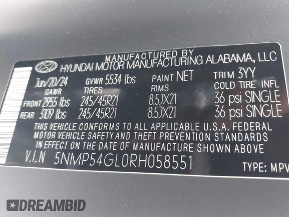2024 Hyundai Santa Fe Calligraphy with VIN 5NMP54GL0RH058551, listed as a IAAI auction lot 42023032 with 7,053 mi miles and . Bid and sale history available at DreamBid. Image 9.
