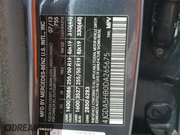 2013 Mercedes-Benz M ML 350 with VIN 4JGDA5HB0DA265675, listed as a Copart auction lot 45661555 with 108,947 mi miles and Salvage Title. Bid and sale history available at carsss.com. Image 12.