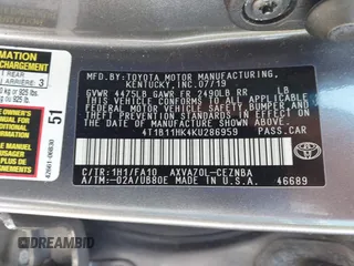 2019 Toyota Camry LE with VIN 4T1B11HK4KU286959, listed as a IAAI auction lot 42063344 with 92,481 mi miles and . Bid and sale history available at DreamBid. Image 9.