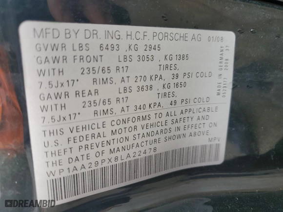 2008 Porsche Cayenne with VIN WP1AA29PX8LA22478, listed as a Copart auction lot 83691324 with 162,939 mi miles and Salvage Title. Bid and sale history available at carsss.com. Image 14.