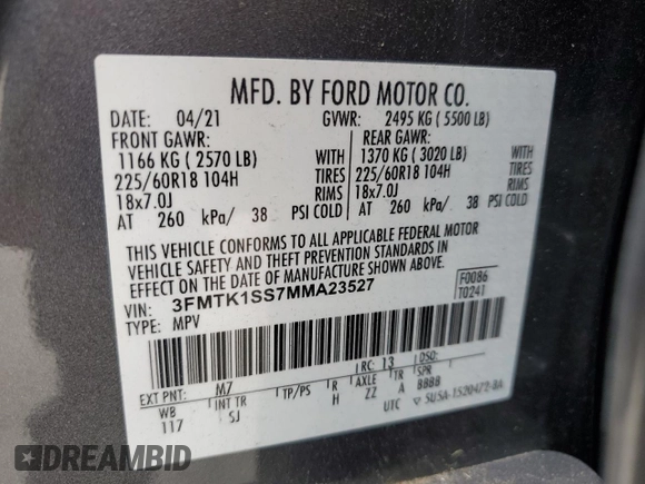 2021 Ford Mustang Mach-E Select z VIN 3FMTK1SS7MMA23527, wystawiony jako Copart lot #54869405 z przebiegiem 45 798 mil mil oraz Szkoda całkowita • Salvage title. Historia ofert i sprzedaży dostępna na DreamBid. Obrazek 14.