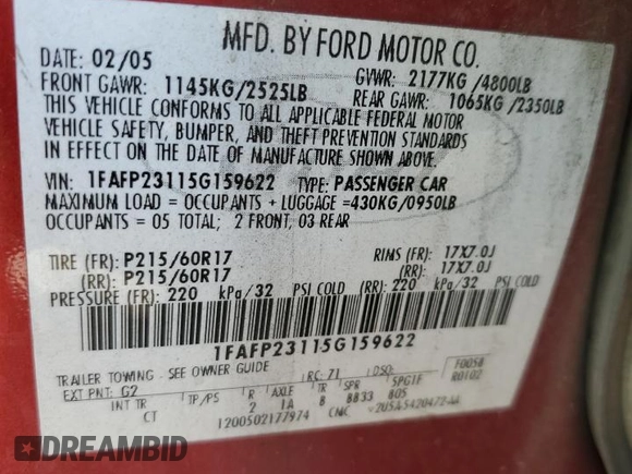 2005 Ford Five Hundred SE with VIN 1FAFP23115G159622, listed as a Copart auction lot 70700344 with 159,788 mi miles and Salvage Title. Bid and sale history available at carsss.com. Image 13.