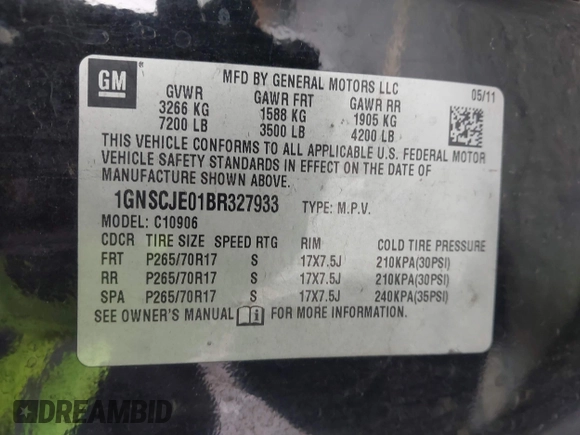 2011 Chevrolet Suburban LT with VIN 1GNSCJE01BR327933, listed as a IAAI auction lot 41813011 with 279,627 mi miles. Bid and sale history available at carsss.com. Image 9.