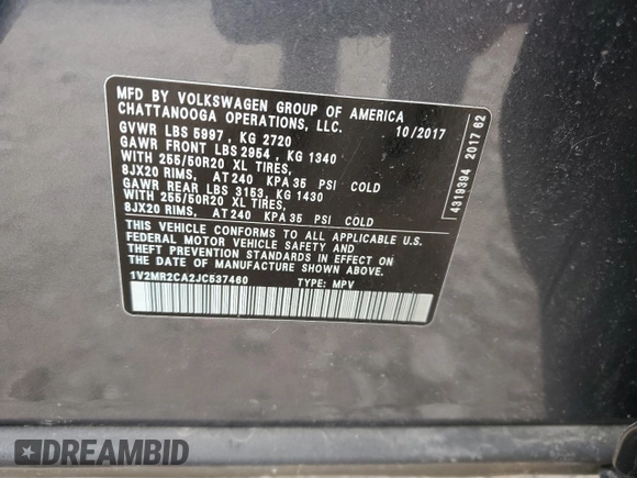 2018 Volkswagen Atlas 3.6L V6 SEL with VIN 1V2MR2CA2JC537460, listed as a Copart auction lot 52799365 with 147,059 mi miles and Non Repairable. Bid and sale history available at carsss.com. Image 12.