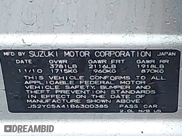 2011 Suzuki SX4 z VIN JS2YC5A41B6300385, wystawiony jako IAAI lot #41570810 z przebiegiem 117 847 mil mil oraz . Historia ofert i sprzedaży dostępna na DreamBid. Obrazek 9.