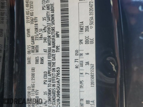 2016 Ford Escape Titanium with VIN 1FMCU9J98GUA77653, listed as a Copart auction lot 49594515 with 186,002 mi miles and Salvage Title. Bid and sale history available at DreamBid. Image 14.