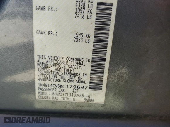 2019 Nissan Altima SR with VIN 1N4BL4CV6KC179697, listed as a Copart auction lot 50151675 with 64,570 mi miles and Salvage Title. Bid and sale history available at DreamBid. Image 13.