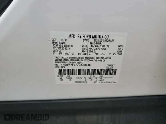 2018 Ford Explorer Limited с VIN 1FM5K7F87JGA63736, выставлен на аукционе Copart как лот 54169935 с пробегом 89 134 миль миль и Списание • Salvage title. История ставок и продаж доступна на DreamBid. Изображение 13.