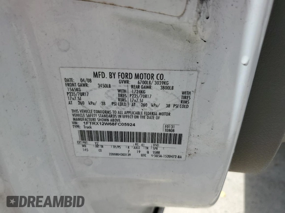 2008 Ford F-150 STX with VIN 1FTRX12W68FC05924, listed as a Copart auction lot 51925405 with 394,971 mi miles and Salvage Title. Bid and sale history available at carsss.com. Image 12.