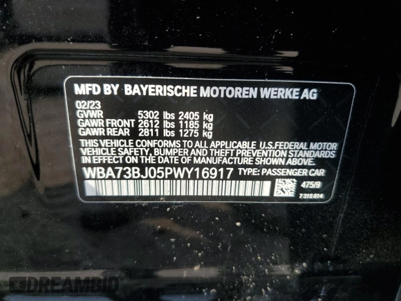 2023 BMW 5 Series 540i xDrive with VIN WBA73BJ05PWY16917, listed as a Copart auction lot 66885104 with 13,421 mi miles and Salvage Title. Bid and sale history available at carsss.com. Image 12.