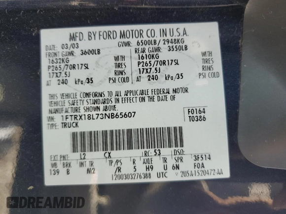 2003 Ford F-150 XL with VIN 1FTRX18L73NB65607, listed as a Copart auction lot 55025085 with 241,434 mi miles and Salvage title. Bid and sale history available at DreamBid. Image 13.
