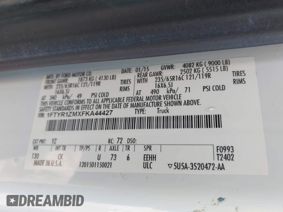 2015 Ford Transit Cargo с VIN 1FTYR1ZMXFKA44427, выставлен на аукционе IAAI как лот 42411415 с пробегом 276 085 миль миль и . История ставок и продаж доступна на DreamBid. Изображение 9.
